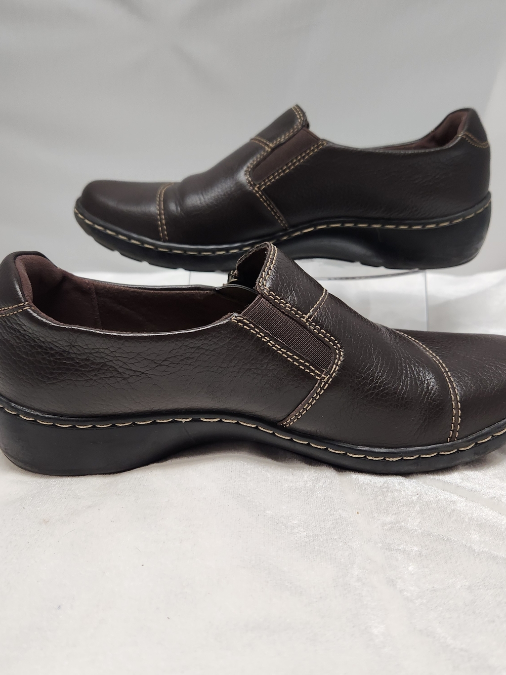 Clarks Dark Brown Leather Slip-On Flats with Contrast Stitching